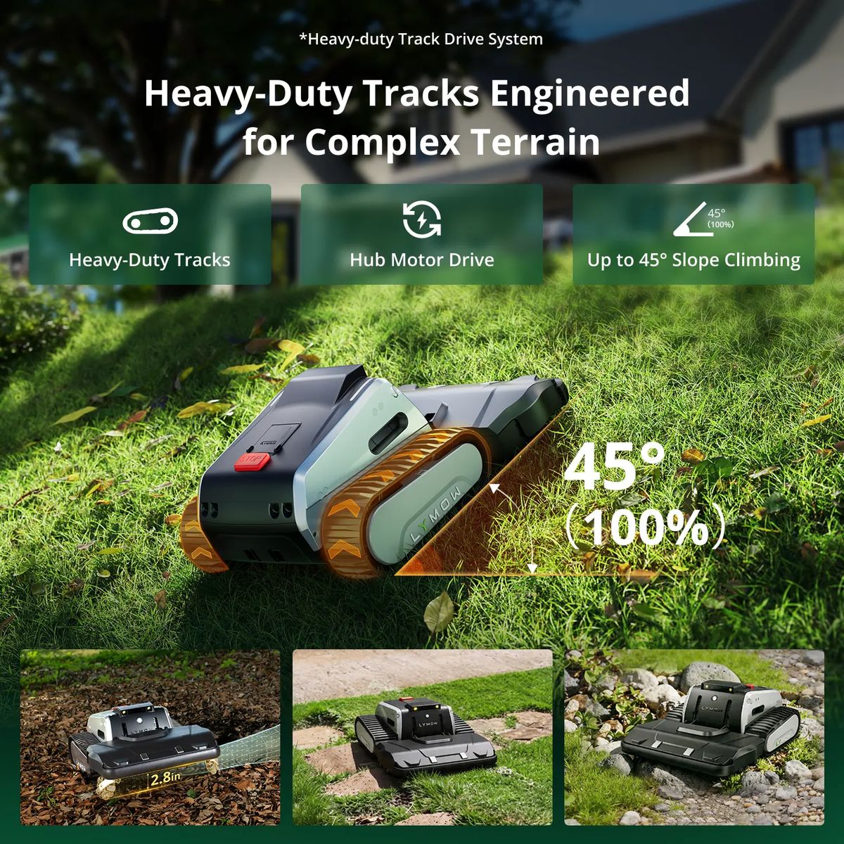 Lymow ONE Plus tracked robotic mower climbing a steep 45-degree slope