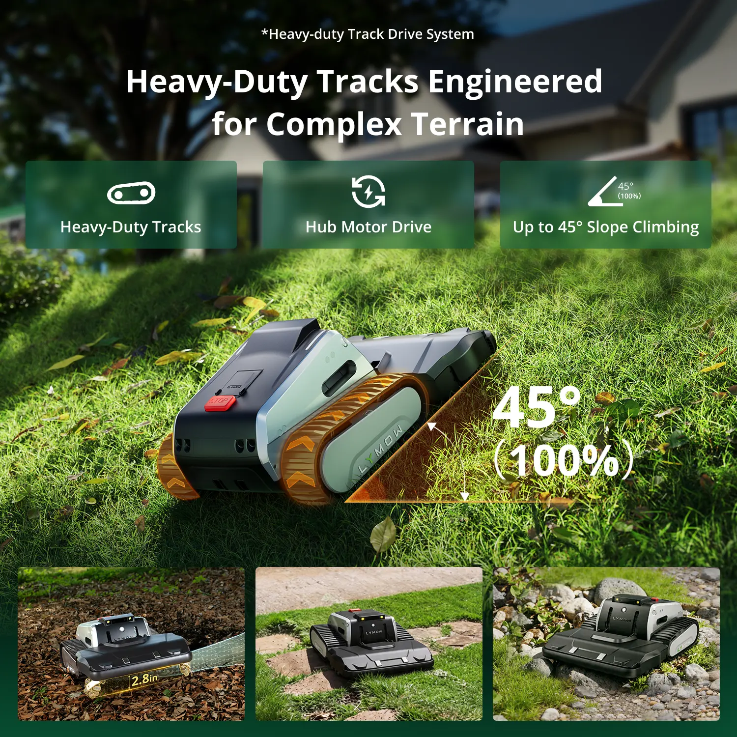 Lymow ONE Plus tracked robotic mower climbing a steep 45-degree slope