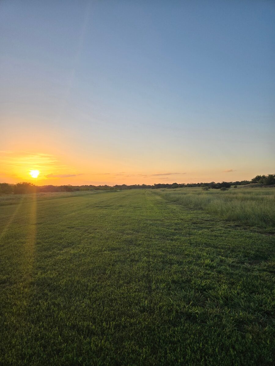 Freshly mowed grass runway at sunset with crisp cut lines down the centerline