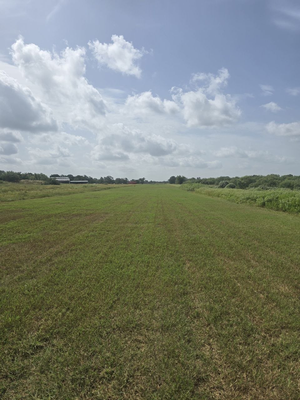 Freshly mowed grass runway lined with hangars under a blue Texas sky